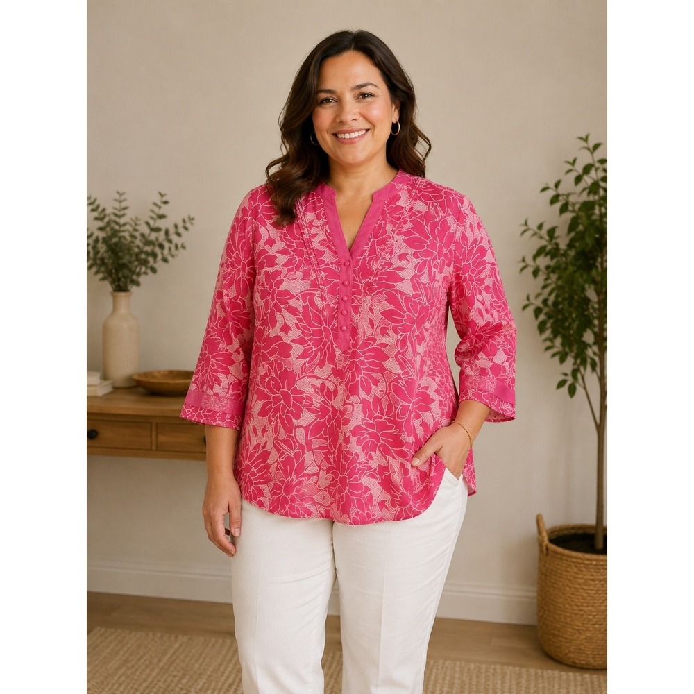 Carole Little Linen Henley Blouse Women Large Pink Floral Vacatio Cruise Resort‎